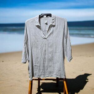 Sigrid Olsen Womens Sz 1X Striped Button Detail 3/4 Sleeve Tunic Top 100% Linen